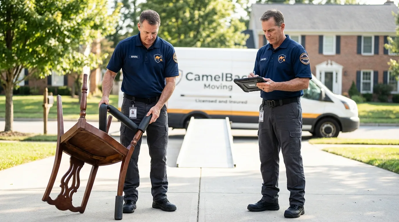 Movers inspecting furniture for damage prevention before loading in Kenosha, WI