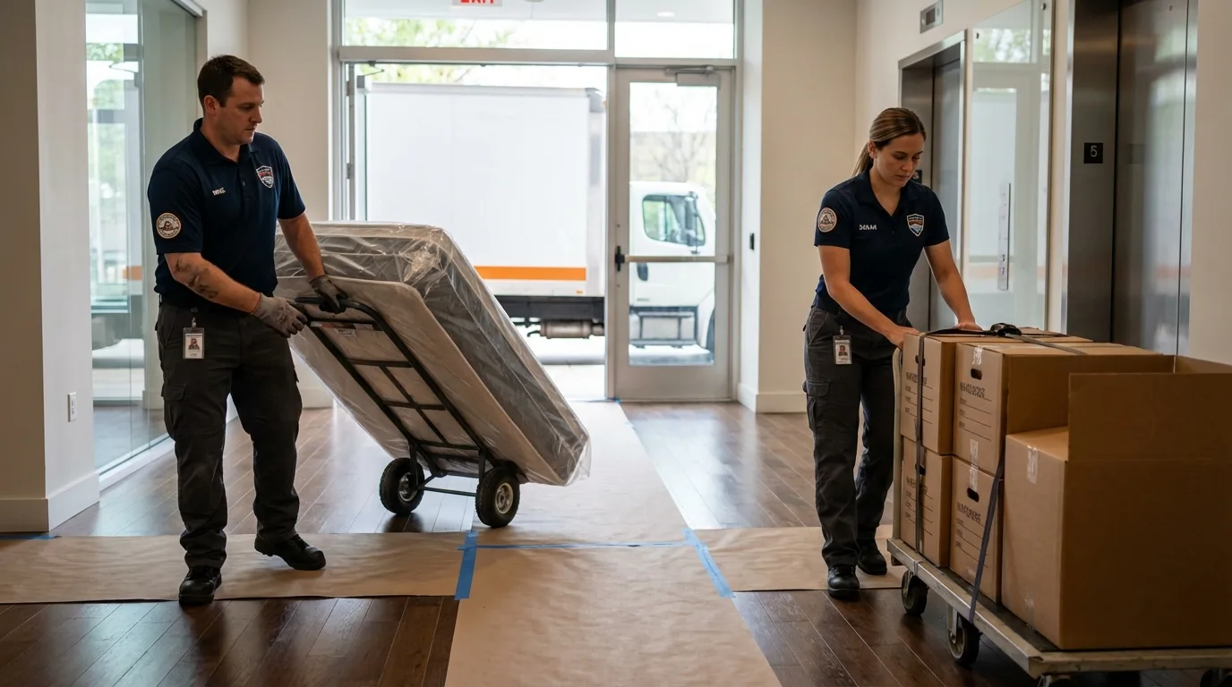 Professional apartment movers loading elevator in Kenosha, WI