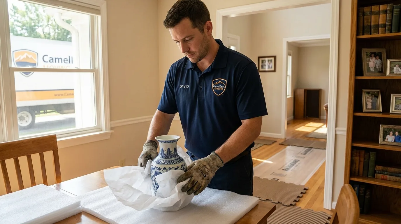Professional crew carefully wrapping antique vase for senior downsizing move in Kenosha, WI