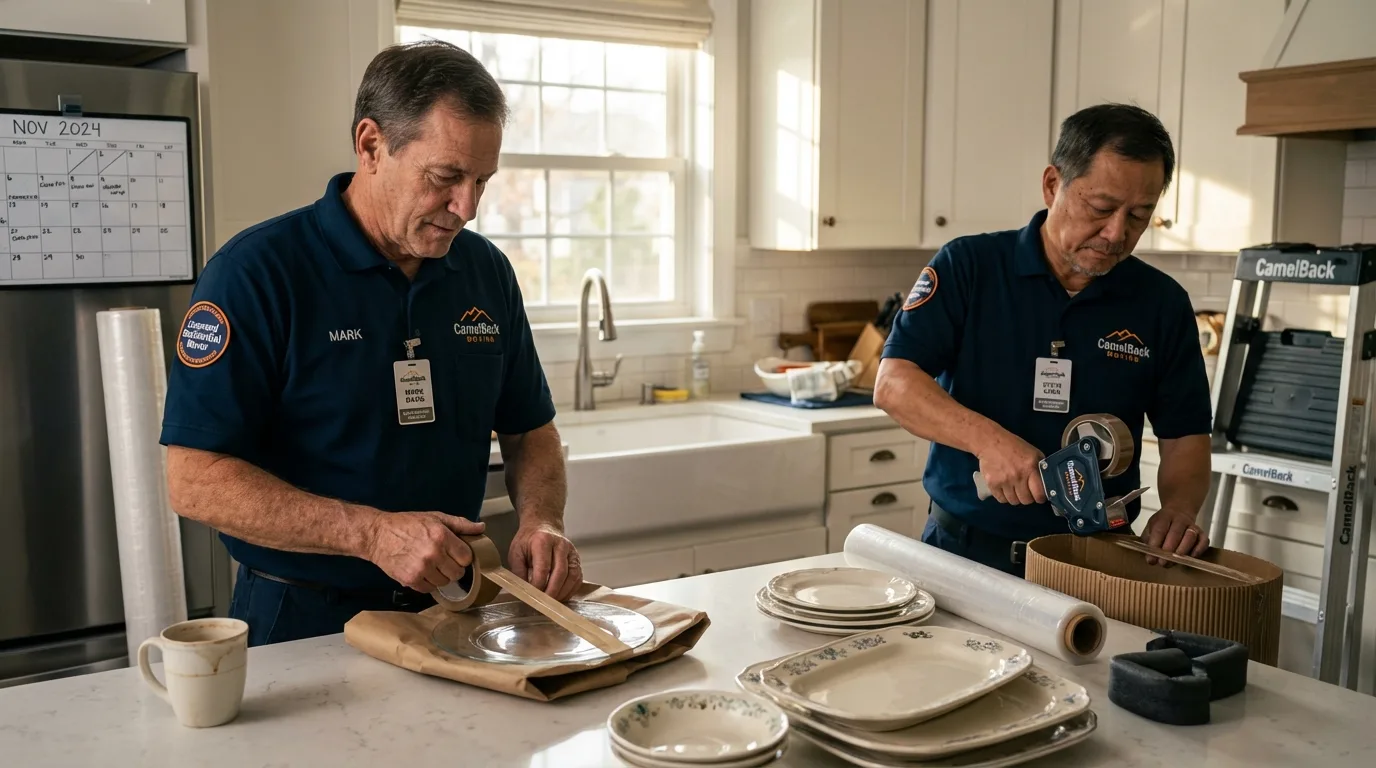 Professional crew packing kitchen dishware in Kenosha, WI